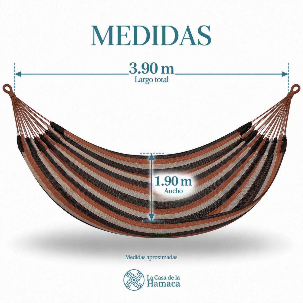Medidas de hamaca Mexicana de algodón King Size mocaccino oscuro, 3.90 m de largo y 1.90 m de ancho