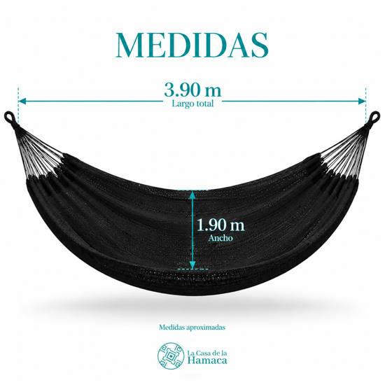 Medidas de hamaca Mexicana de algodón King Size negro, 3.90 m de largo y 1.90 m de ancho