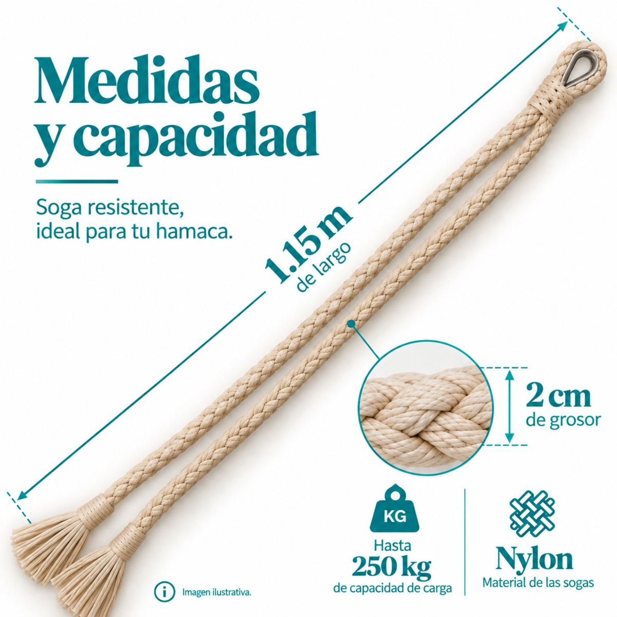 Soga de nylon para hamaca de 1.15 m de largo, 2 cm de grosor y capacidad de hasta 250 kg