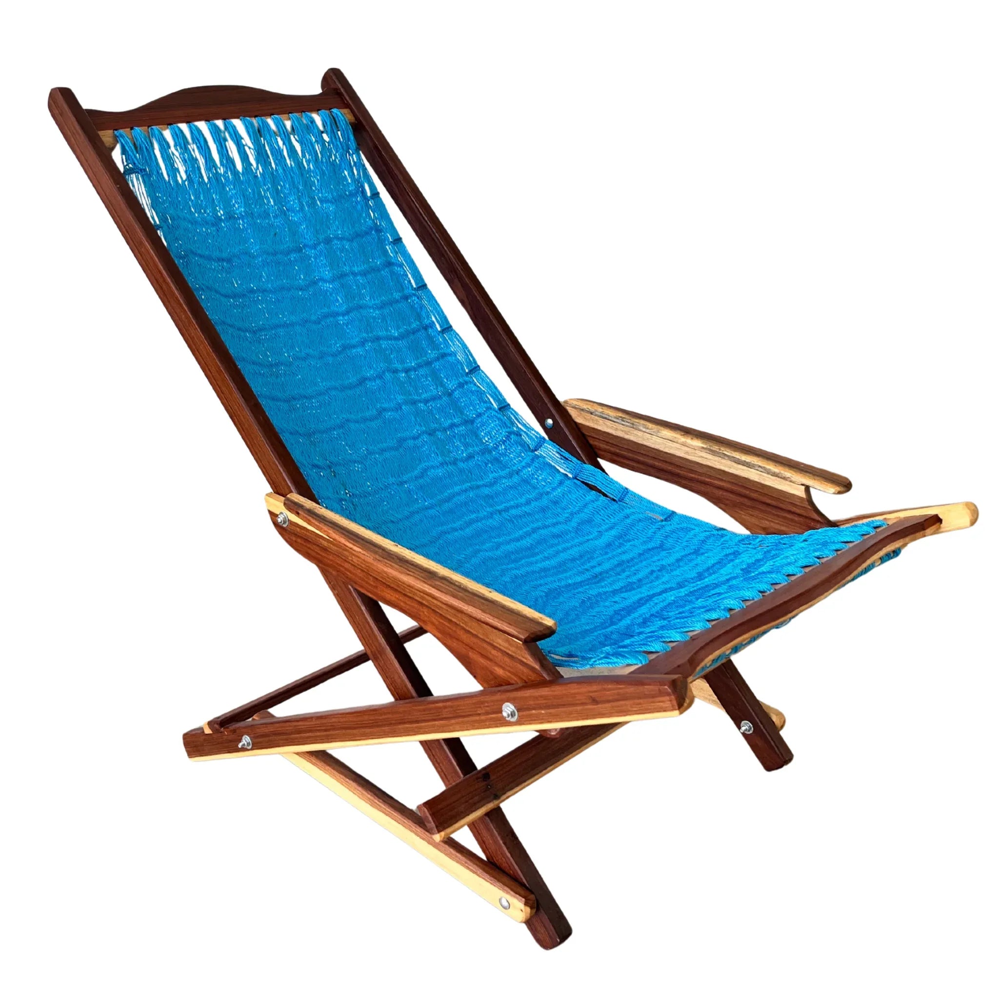 Silla mecedora artesanal plegable de Yucatán azul claro vista del lado derecho