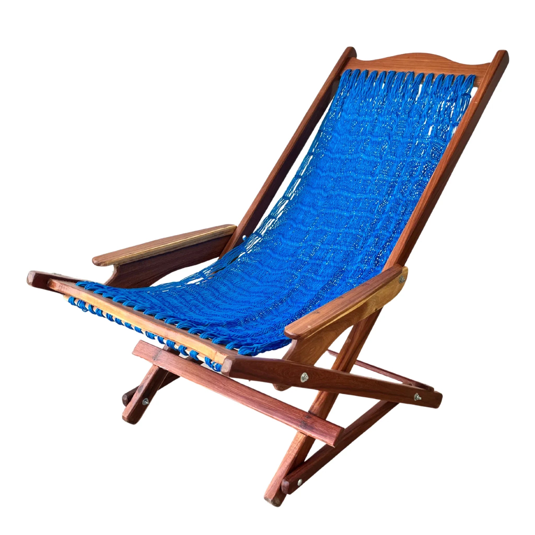 Silla mecedora artesanal plegable de Yucatán azul abierta vista del lado izquierdo