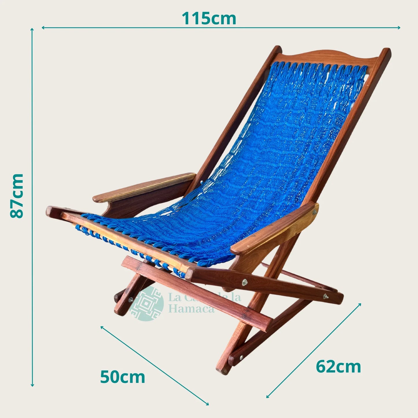 Silla mecedora artesanal plegable de Yucatán azul vista lateral mostrando sus medidas