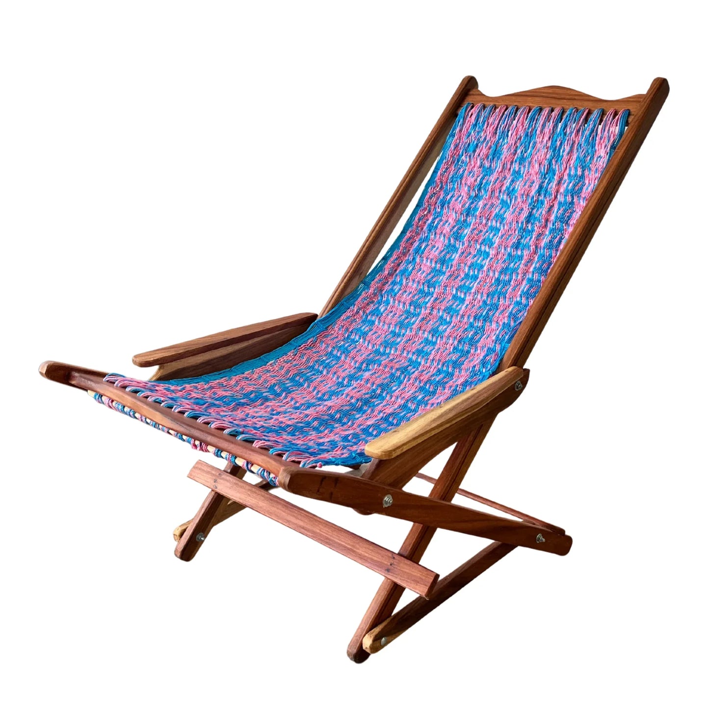 Silla mecedora artesanal plegable de Yucatán azul y rosa abierta vista del lado izquierdo