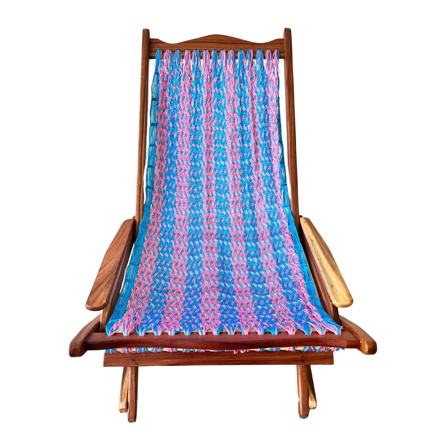 Silla mecedora artesanal plegable de Yucatán azul y rosa vista de frente