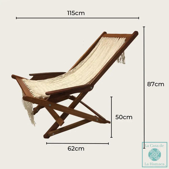 Silla mecedora artesanal plegable de Yucatán color beige con imagen de medidas y dimensiones del producto