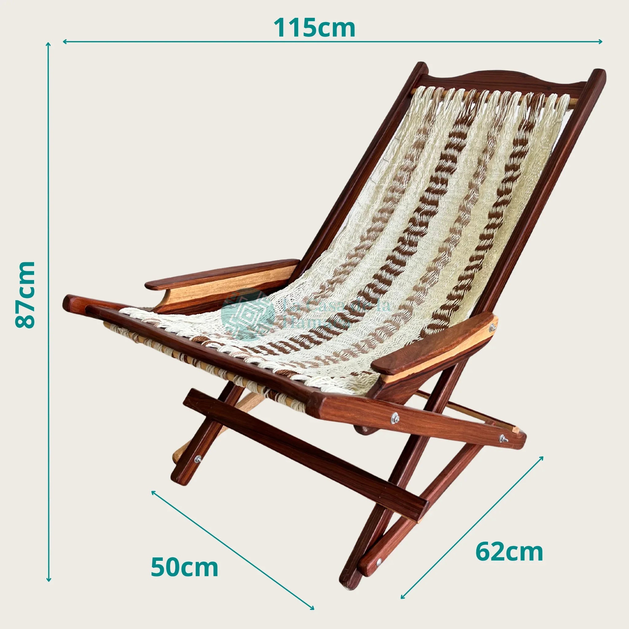 Silla mecedora artesanal plegable de Yucatán beige y café vista lateral mostrando sus medidas