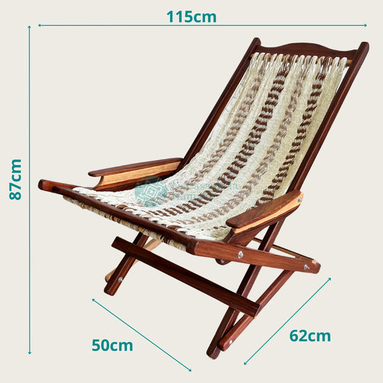 Silla mecedora artesanal plegable de Yucatán beige y café vista lateral mostrando sus medidas