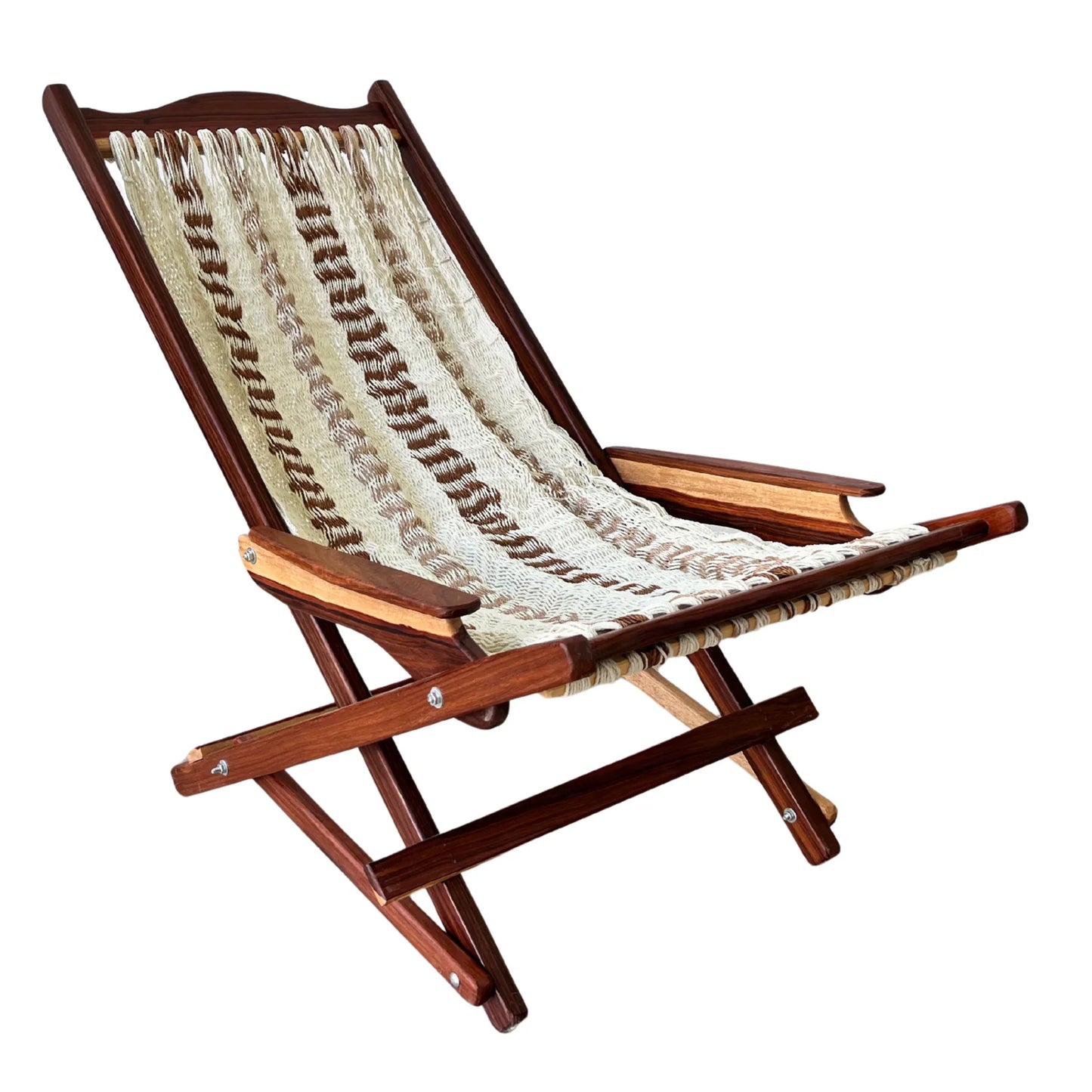 Silla mecedora artesanal plegable de Yucatán beige y café vista desde el lado derecho