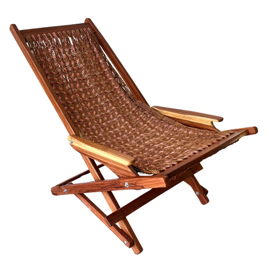 Silla mecedora artesanal plegable de Yucatán café y rosa vista del lado derecho