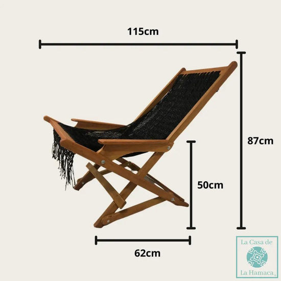Silla mecedora artesanal plegable de Yucatán color negro con imagen de medidas y dimensiones del producto