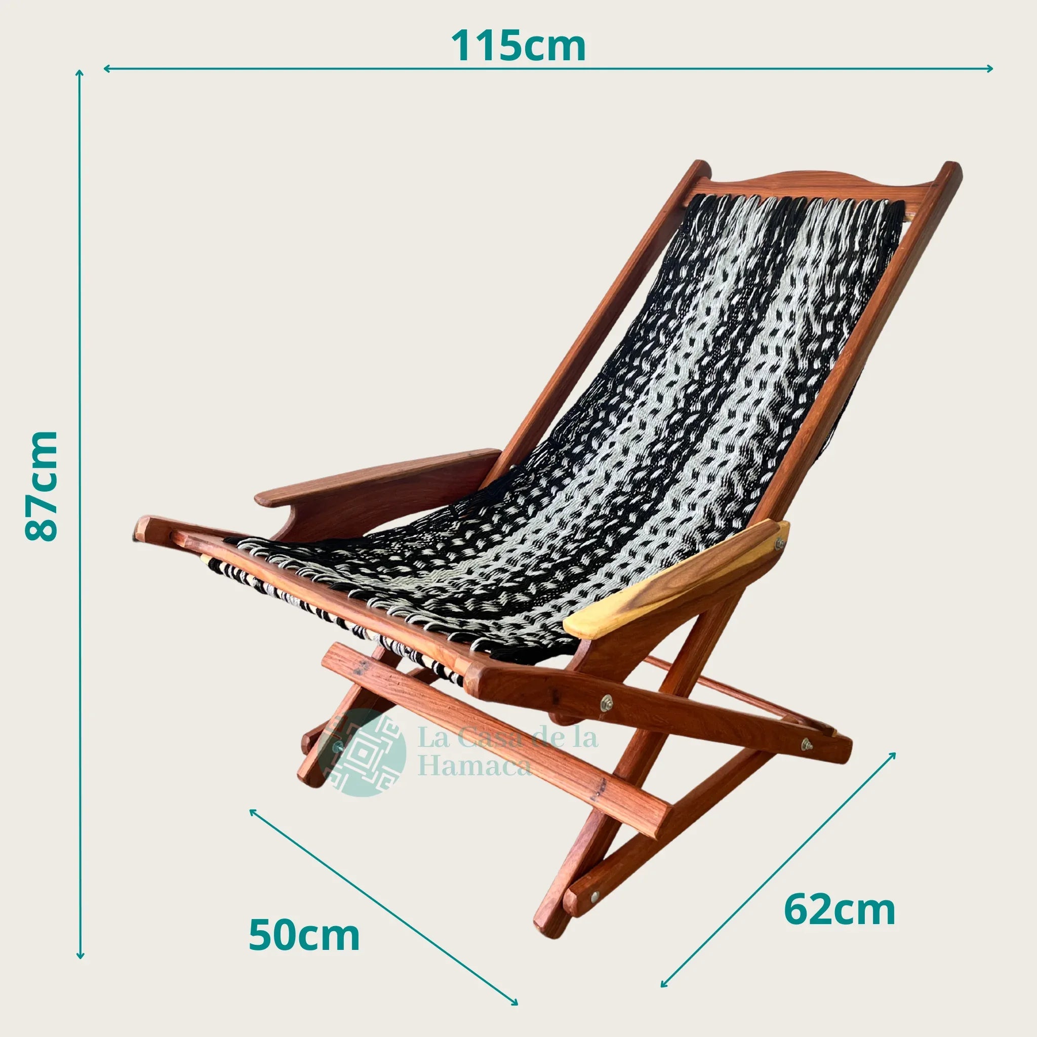 Silla mecedora artesanal plegable de Yucatán negra y gris vista lateral mostrando sus medidas