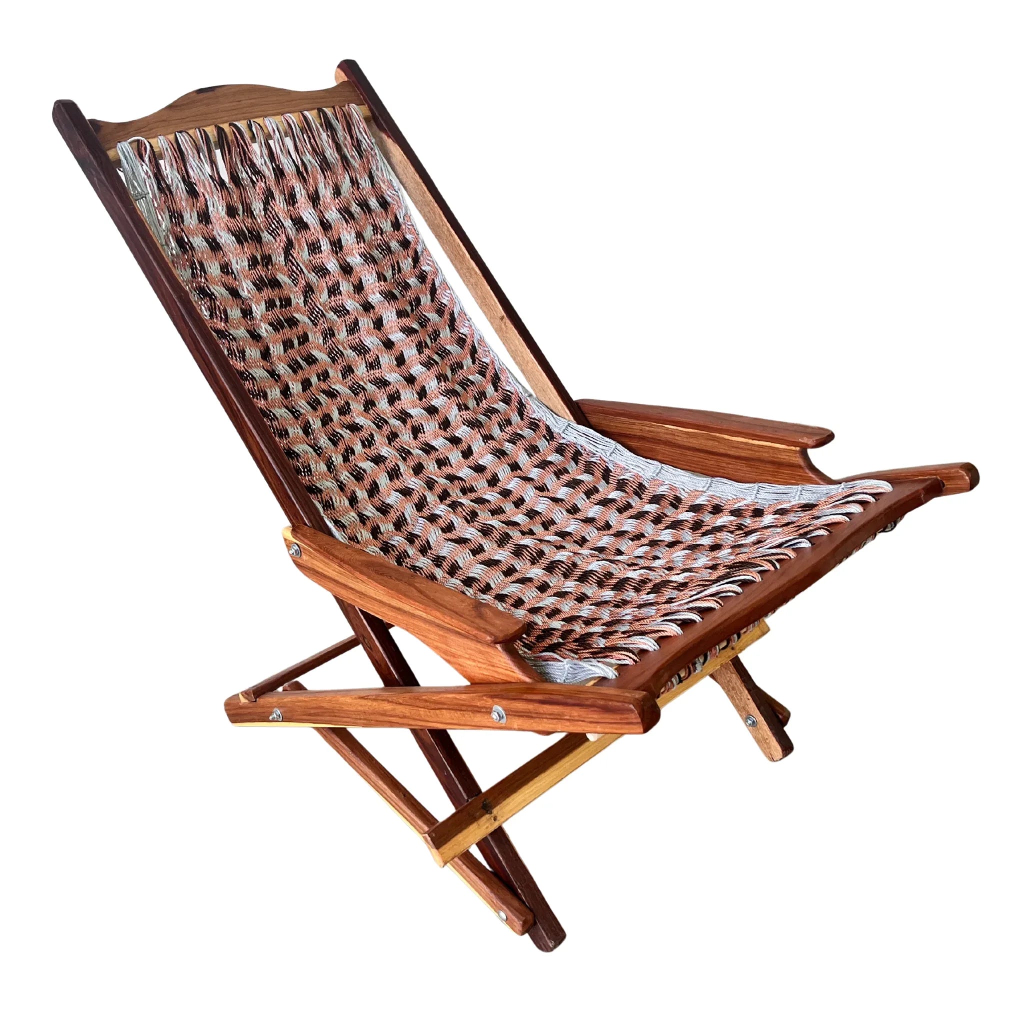 Silla mecedora artesanal plegable de Yucatán tricolor gris, rosa y café, abierta y vista del lado derecho