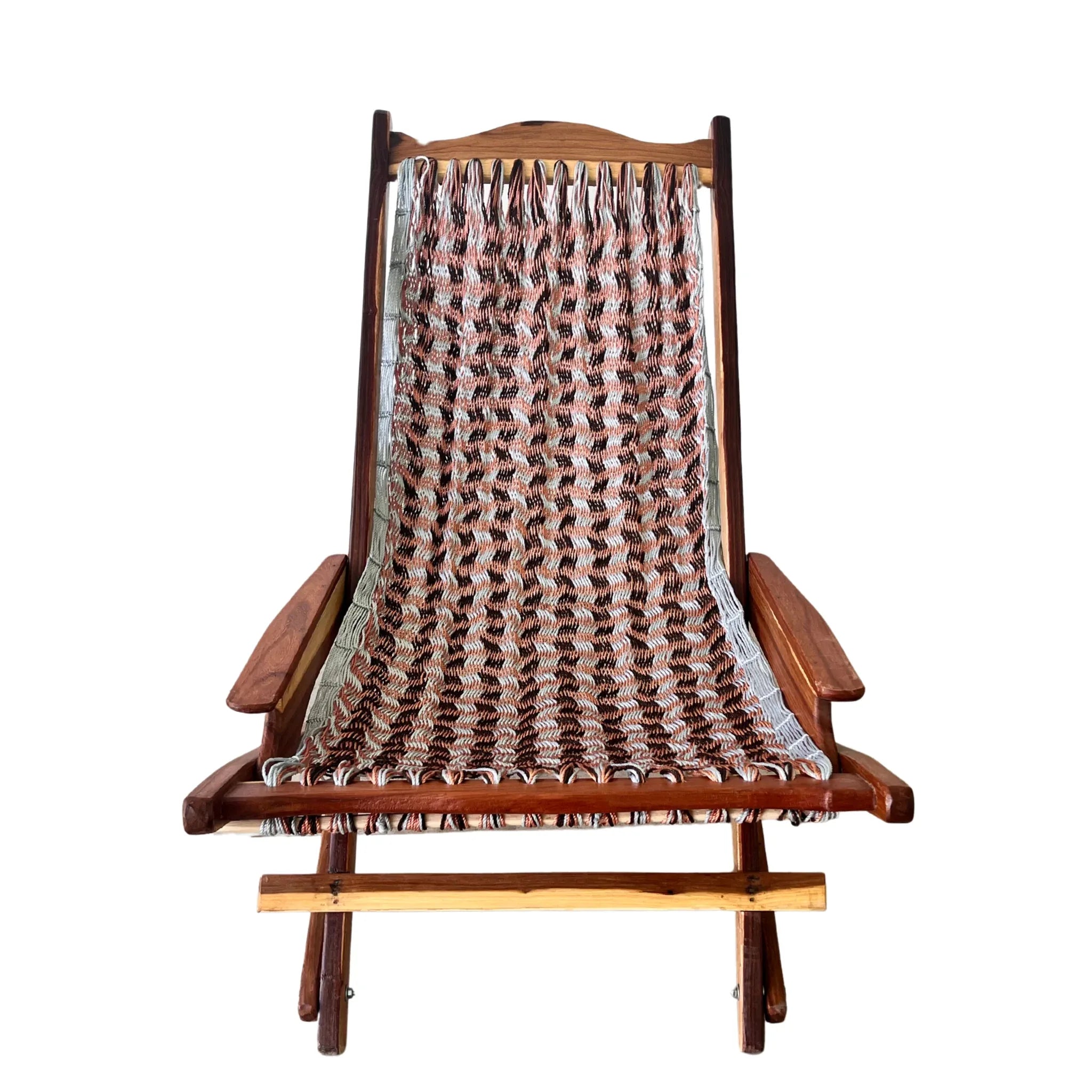 Silla mecedora artesanal plegable de Yucatán tricolor gris, rosa y café vista de frente