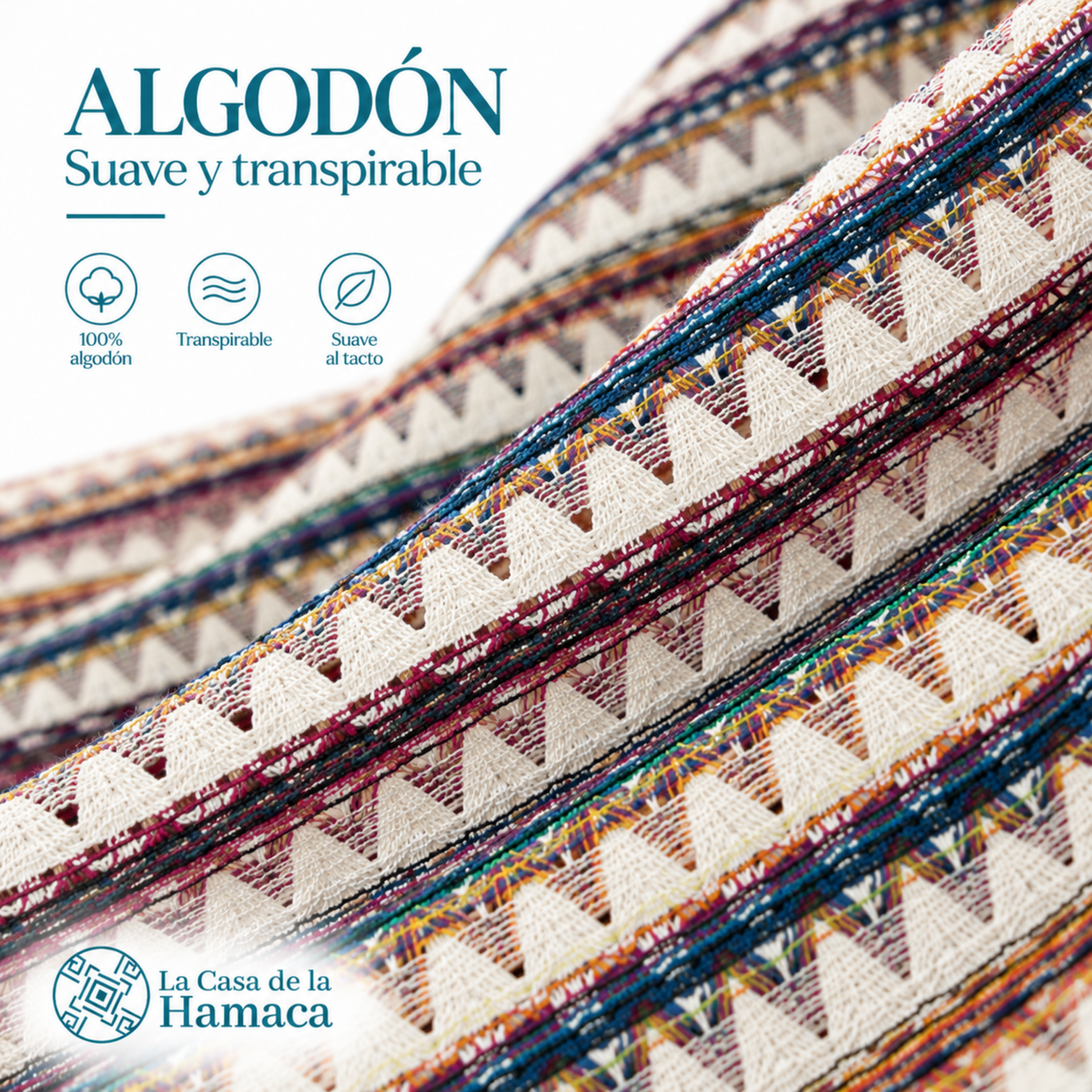 Detalle del tejido de algodón suave y transpirable de hamaca Mexicana King Size colorida