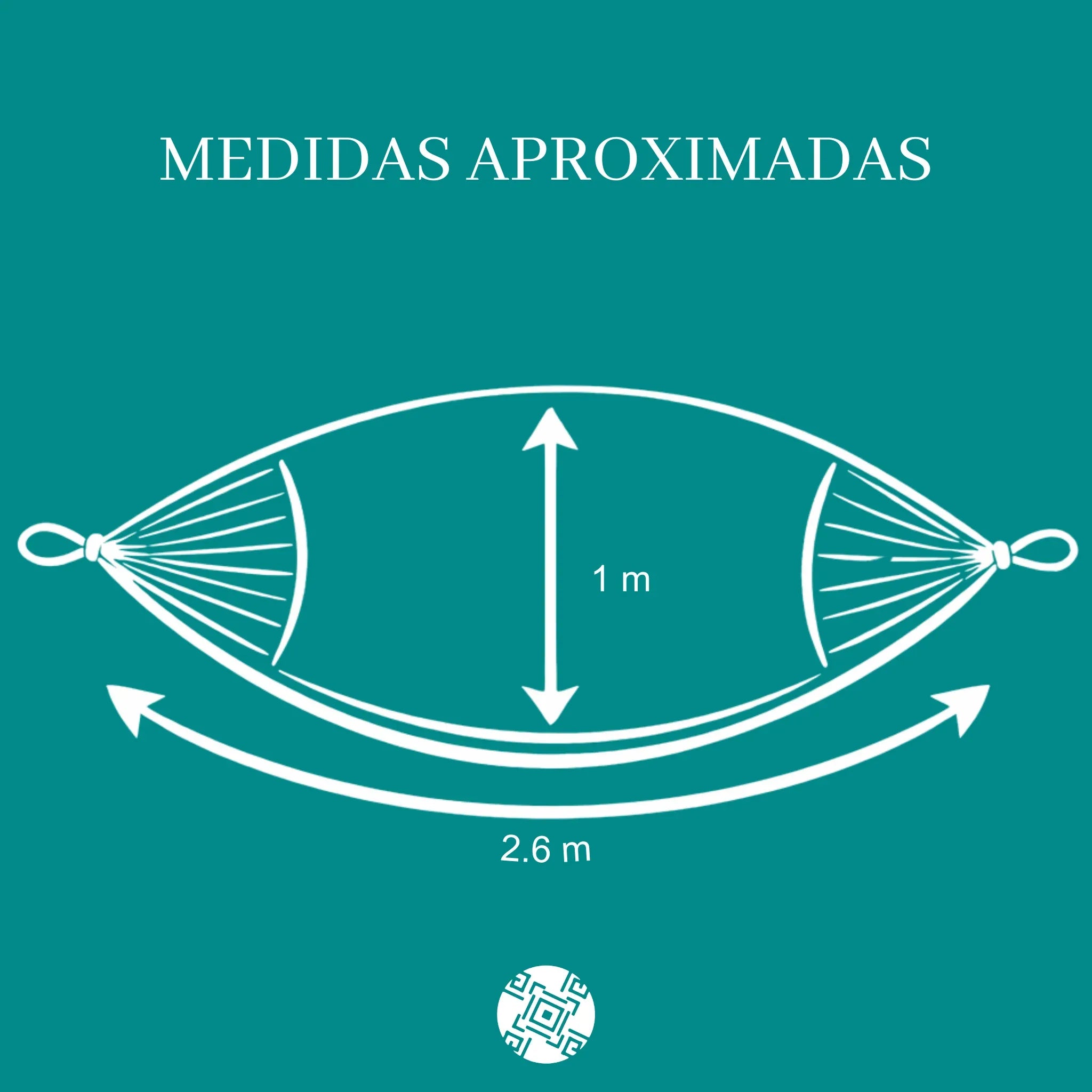 Diagrama ilustrativo de una hamaca con medidas detalladas, mostrando largo, ancho y espacio para un bebé o niño, con líneas y flechas indicando cada dimensión.