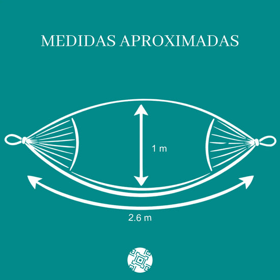 Diagrama ilustrativo de una hamaca con medidas detalladas, mostrando largo, ancho y espacio para un bebé o niño, con líneas y flechas indicando cada dimensión.