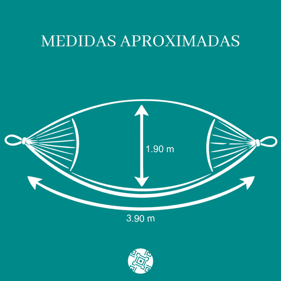 Diagrama ilustrativo de una hamaca con medidas detalladas, mostrando largo, ancho y espacio para una o dos personas, con líneas y flechas indicando cada dimensión.